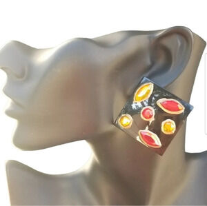 VINTAGE 80S RED & YELLOW JEWELED & BLACK STATEMENT EARRINGS